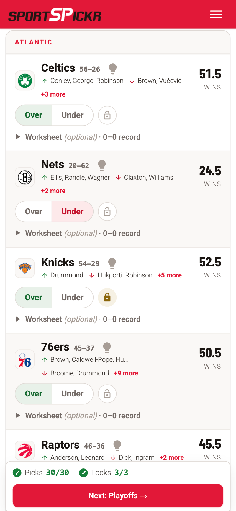 The NBA Futures pick sheet on a phone