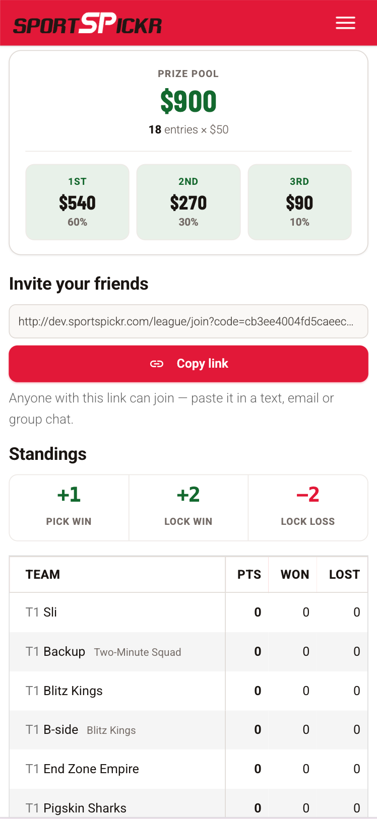 Standings and the prize pool