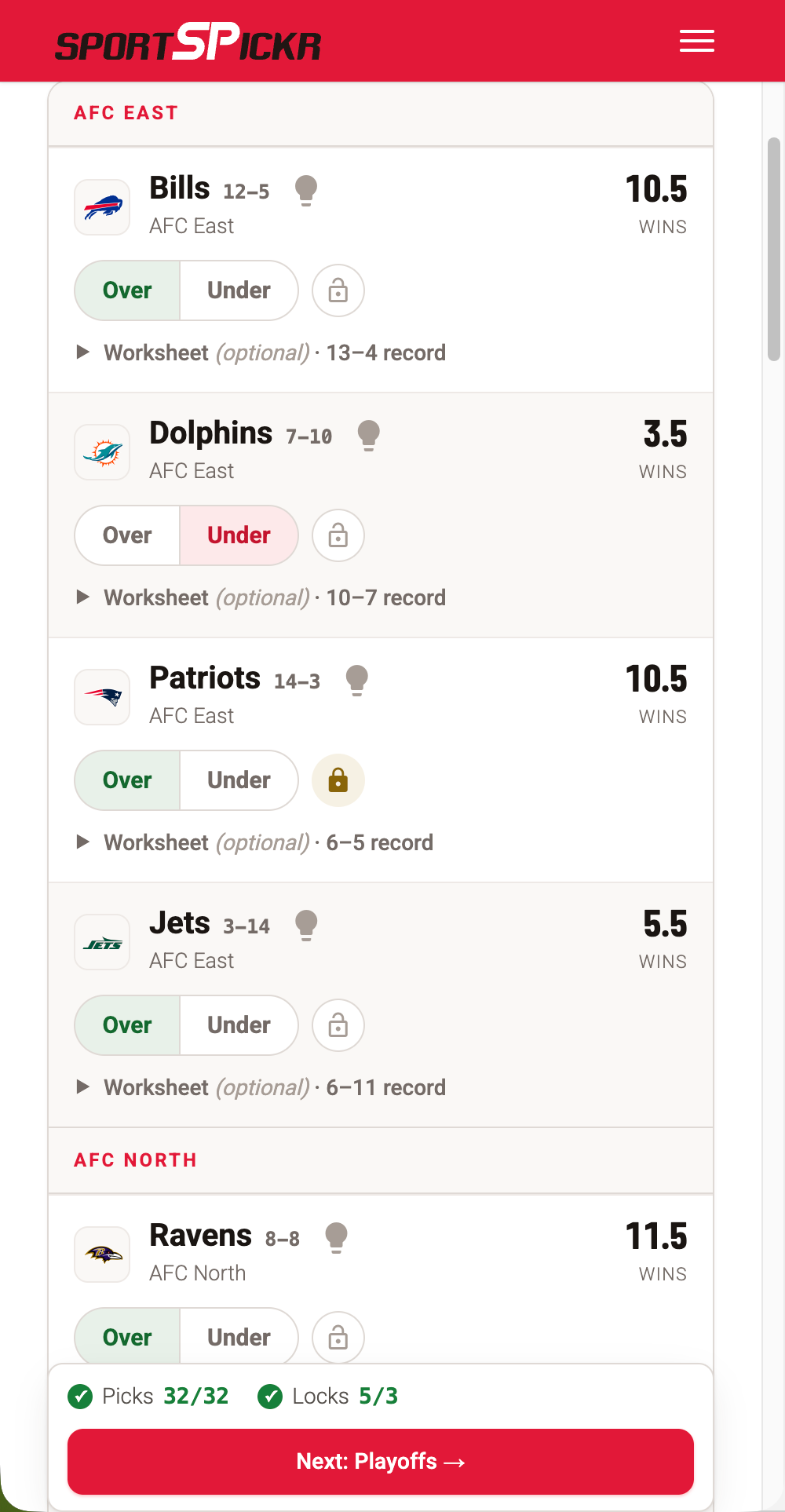 The NFL Futures pick sheet on a phone