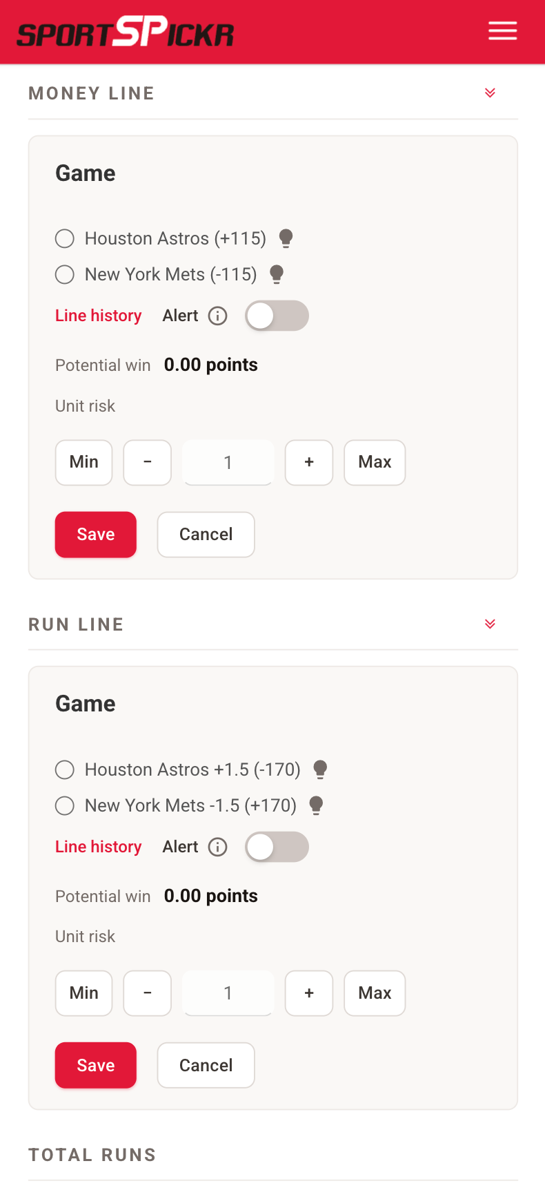 The picks page on a phone: the money line and the run line for an Astros-Mets game