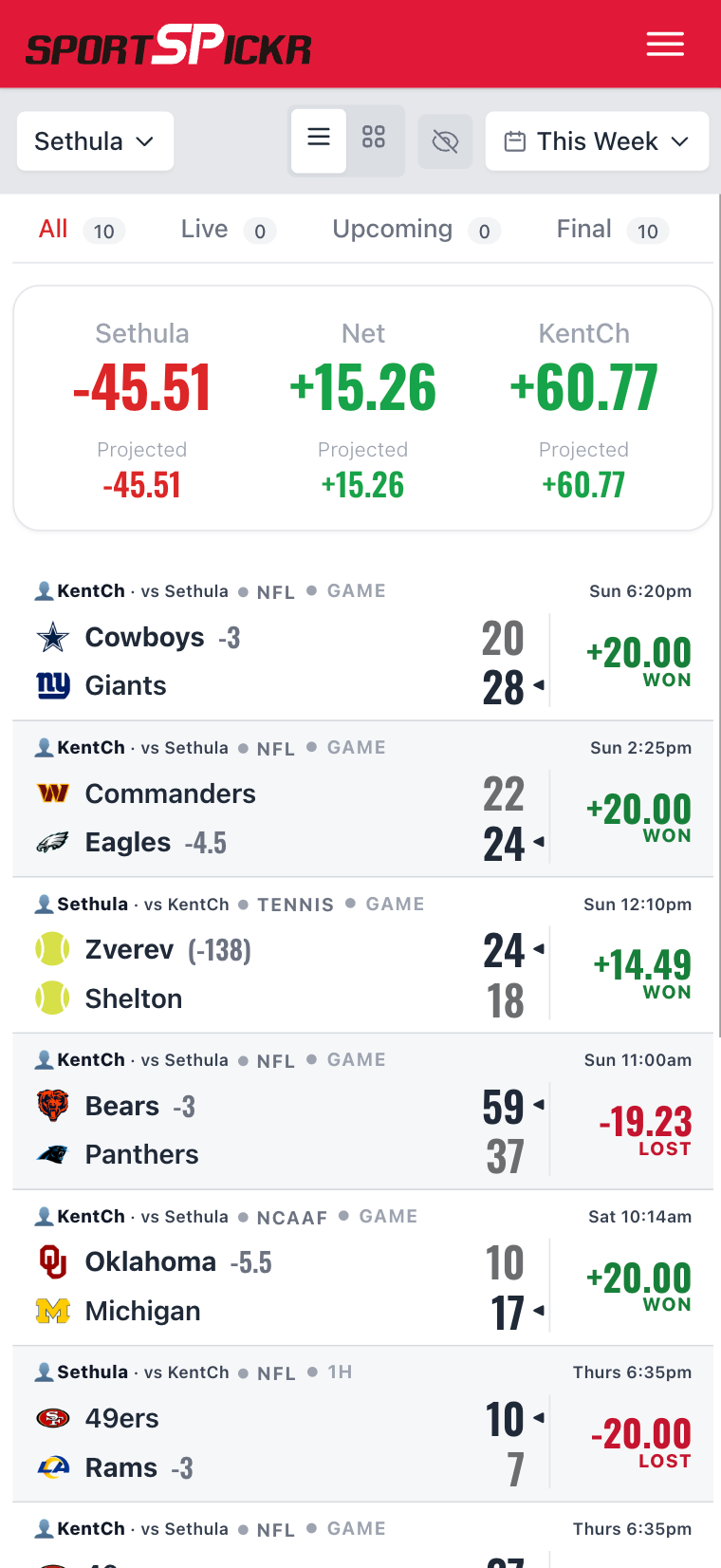 The live scoreboard on a phone: every pick in the league, winning, pushing or losing as the games play